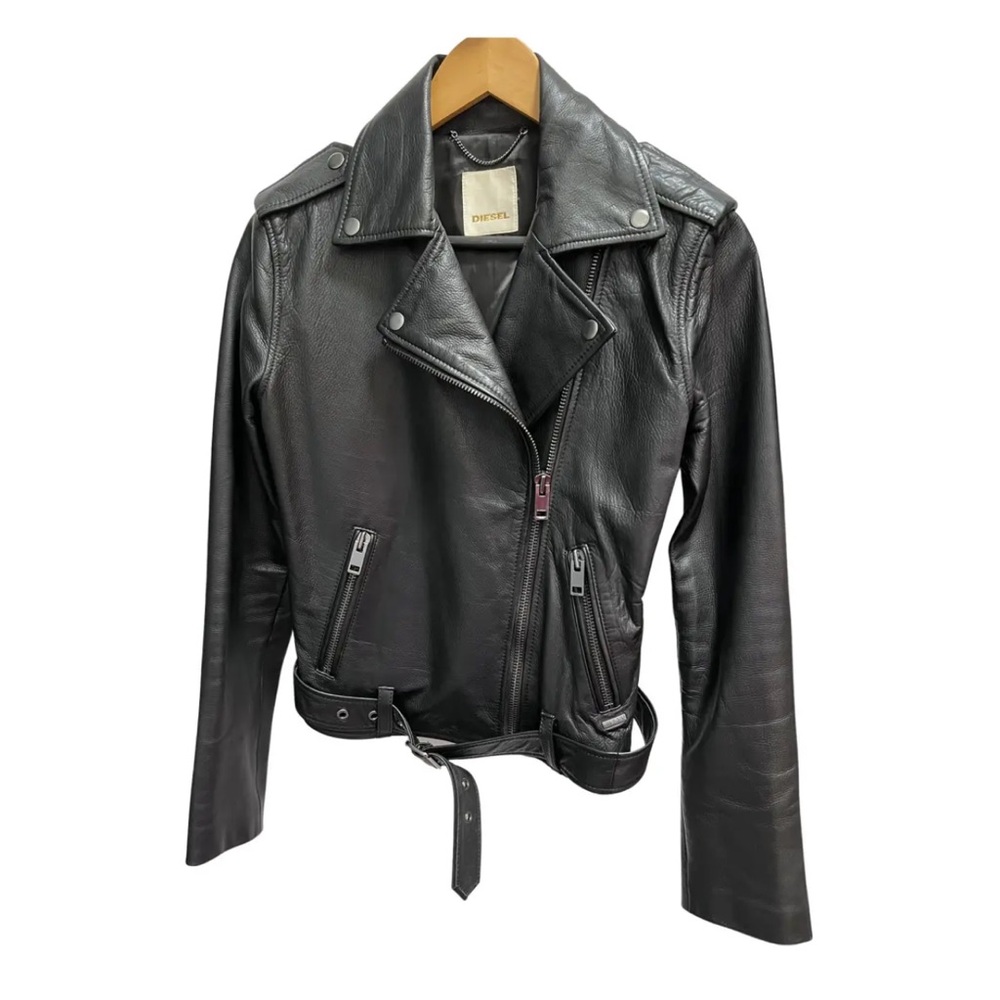 Like New Diesel Genuine Leather Black Biker Jacket Size Medium